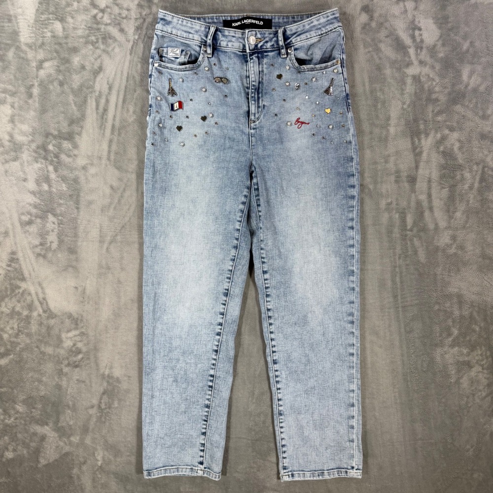Karl Lagerfeld Straight Leg Jeans Women's Size 8 Blue Light Wash Embellished